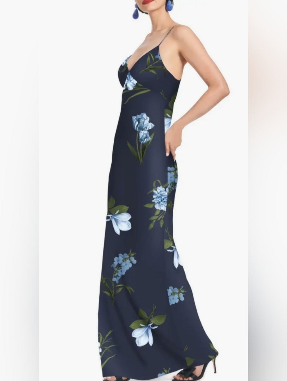 NWOT Sachin + Babi Floral Navy Blue A-Line, V-Neck Maxi Dress W/ Straps Sz 14 - Picture 2 of 14